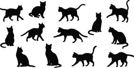 Collection of Black Cat Silhouettes: Diverse Poses - Sitting, Walking, Stretching, Prowling. Feline Vector Icons Set. AI Generative
