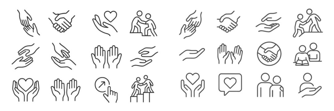 Diverse representations of connection and support through hand and heart iconography in a minimalist style
