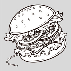 Burger Icon with Lettuce Tomato in Outline Line Art