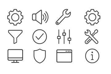 Collection of simple icons representing tools, settings, and information commonly used in digital environments and applications