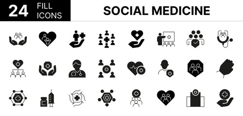 Collection of 24 Social Medicine fill icons featuring editable strokes. These outline icons depict various modes of Social Medicine, public, health, campaign, care, community, crowd, doctor, equality,