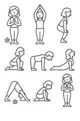 Eight illustrations of a child practicing various yoga poses 
