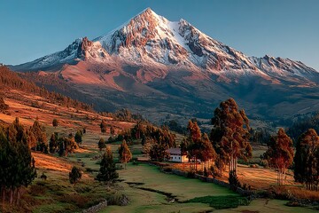 Fototapeta premium Mountain Landscape with Snowy Peaks and Lush Valley