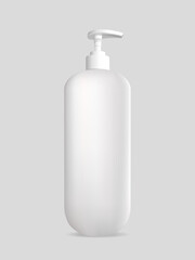 Blank white plastic pump bottle mockup, isolated, 3d rendering. Empty face or body fluid can with dispenser mock up, front view. Clear pomp jar for antiseptic soap mokcup template.