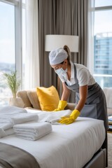 Hotel maid wearing protective face mask and gloves making the bed in a hotel room during coronavirus pandemic, focus on hygiene and safety measures