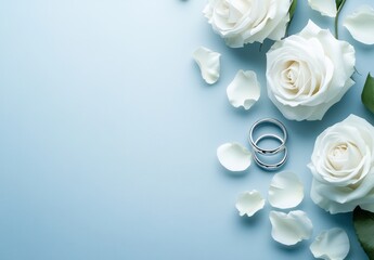 Wedding rings and white roses on blue background
