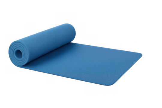 Blue yoga mat partially unrolling, lying flat on clean white surface, preparing for mindful workout session