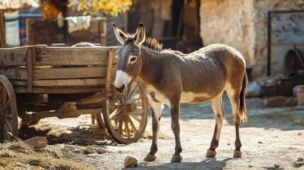 Donkey beside rustic cart in sunny village