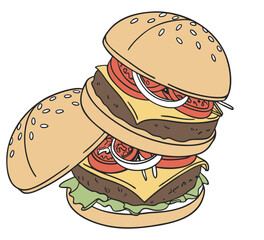 Flat Vector Burger with Two Patties Line Art Style