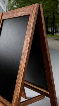 Wooden framed A-board display sign with a dark blank face stands on the sidewalk ready to promote restaurant specials and services, against a blurry outdoor background.