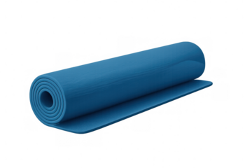 Blue yoga mat rolled neatly, symbolizing wellness, physical activity, and personal fitness commitment