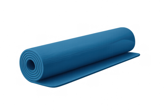 Blue yoga mat rolled neatly, symbolizing wellness, physical activity, and personal fitness commitment