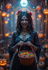 Fototapeta premium Cheerful female zombie holding candy basket with glowing pumpkins and spooky Halloween decorations Generative AI