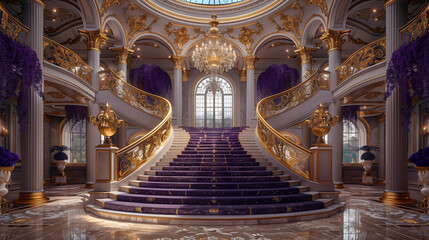 Opulent grand staircase in baroque palace interior