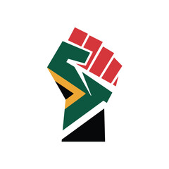 Raised fist with south african flag colors isolated on white background