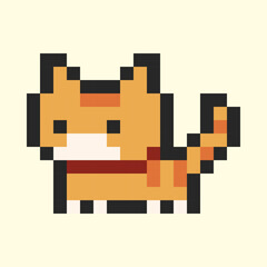 Pixel art of a cute kitten on a white background. Retro vector illustration of a pixel cat on a light background