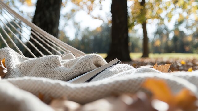 Relaxing hammock glow open book, soft blanket nestled among with autumn trees during warm sunset golden