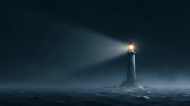 Lighthouse shining through dark stormy sea with beam of light cutting across foggy night ocean waves