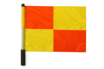 Red and yellow quartered linesman flag waving on transparent background, symbol of sporting event, competition, and fair play