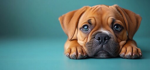 Puppy resting on teal background