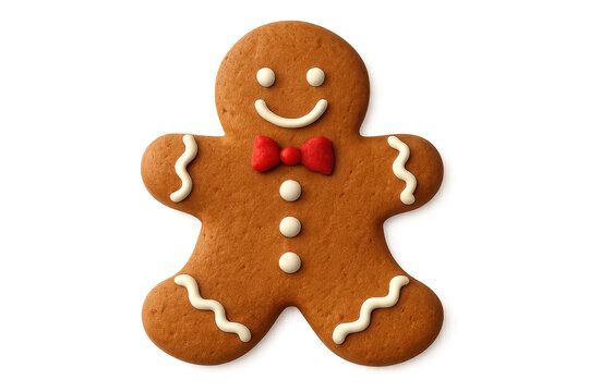 Cheerful gingerbread man cookie, festive baked treat with a smiling face, perfect for holiday decorations and celebrations Isolated on white background or PNG