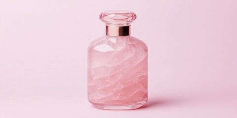 Perfume day with fragrance and spray idea. Clear glass perfume bottle with pink liquid against a pastel backdrop.