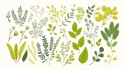 Collection of various stylized leaves and branches in shades of green