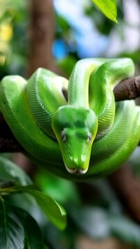 Bright green tree python coiled gracefully on branch, exotic tropical snake with detailed scales blending into green foliage of rainforest canopy