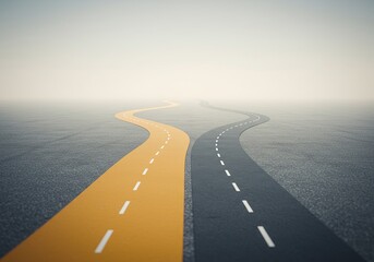 Fototapeta premium Diverging Paths A conceptual image featuring two distinct, winding roads – one vibrant yellow and the other dark grey with white dashed lines.