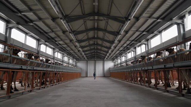 Symmetrical interior of a large camel barn with feeding camels and a person walking along the center aisle

