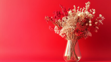 An artistic display of dried florals arranged in a clear vase, set against a bright red background, showcasing natural elegance in a minimalist style