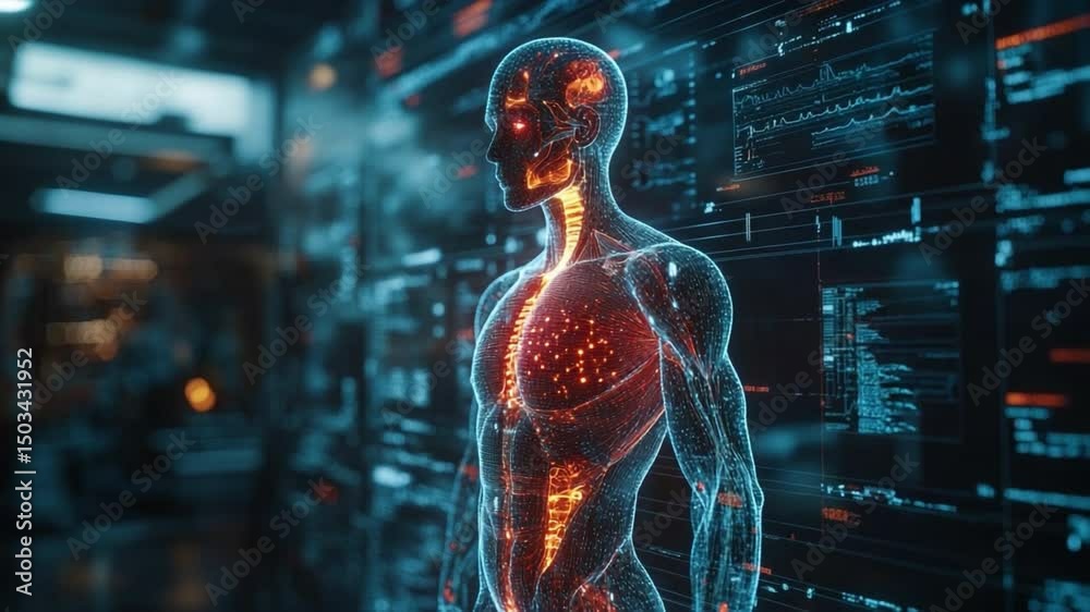 Poster human body in futuristic perspective: a translucent human form glows amidst a high-tech environment 