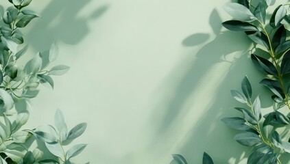 Green leaves frame, pastel background, sunlight shadows, nature mockup