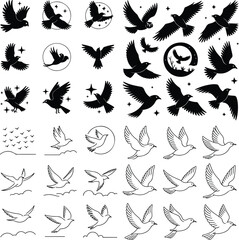Flying Birds Silhouette Set – Elegant Bird Vector Collection Birds in Flight Silhouettes – Minimalist Nature Clipart Pack