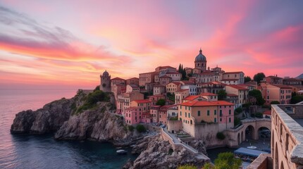 Obraz premium Picturesque coastal town in Europe, illuminated by the vibrant colors of a beautiful sunset sky.
