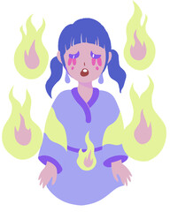  sad young Japanese girl with blue hitodama spirit flames floating around her, crying blood, traditional horror vector, isolated on white
