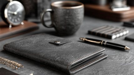 Elegant black leather desk with neatly arranged stationery, embodying minimalist productivity and professional sophistication series