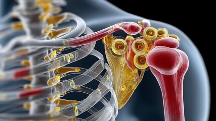 Illustration of shoulder impingement compressed rotator cuff tendons beneath acromion seen in swimmers and weightlifters