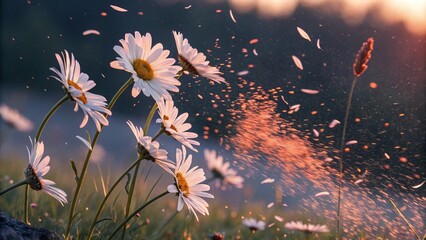 Obraz premium Fresh Daisies with Green Leaves in Spring Light