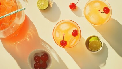 Sunny summer cocktails, cherries, limes, overhead