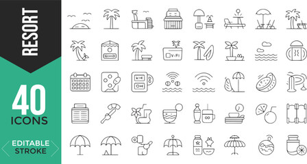 Resort Icon Set - Editable Line Icons for Travel, Tourism, Hotel, Beach & Vacation Themes | Vector Illustration

