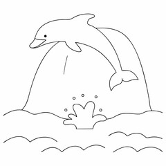 Dolphin under a waterfall coloring page simple and minimal line art illustration on white background