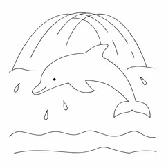 Dolphin under a waterfall coloring page simple and minimal line art illustration on white background