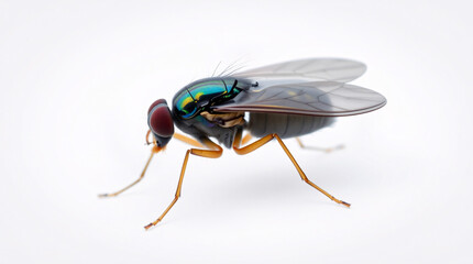 Naklejka premium Close-up of a fly with detailed wings and legs on a plain background.