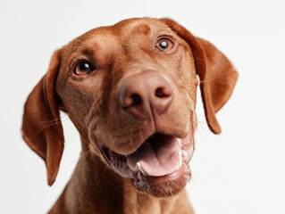 A cheerful brown Hungarian vizsla dog with large ears and bright eyes displays a playful demeanor. The animal looks directly at the viewer, exuding friendliness in a bright setting.