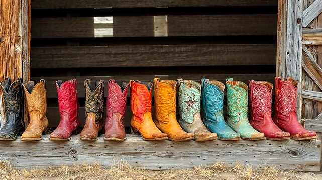 A vibrant display of colorful cowboy boots lined up against a rustic barn backdrop