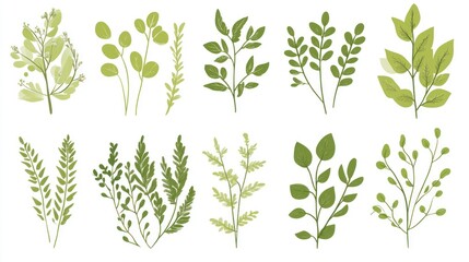 Set of stylized, various green leaves and branches