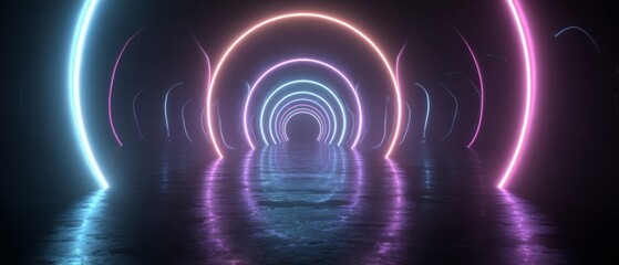 Fototapeta premium Abstract Neon Lights Tunnel with Pink and Blue Circles