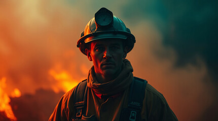 Naklejka premium A firefighter in intense smoke, symbolizing bravery and emergency response.
