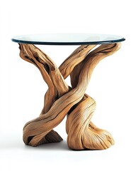 Glass top table with twisted, natural wood base
